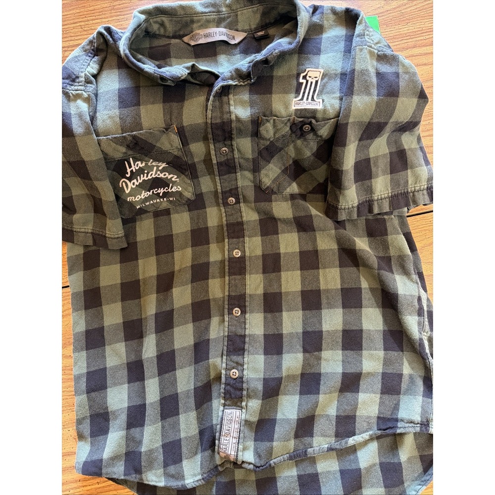 Harley-Davidson Green Black Buffalo Plaid Short Sleeve Shirt Mens L Button Up